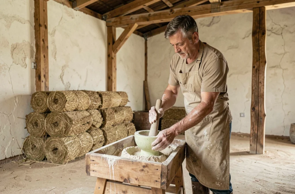 Artisan mélangeant un mortier de chaux et chanvre à l'intérieur d'une maison naturelle en cours de construction