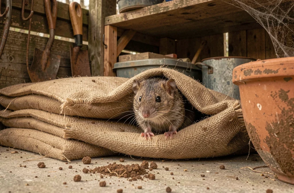 Musaraigne cachée sous des sacs de jute dans un abri de jardin encombré, entourée d'outils rouillés et de toiles d'araignée