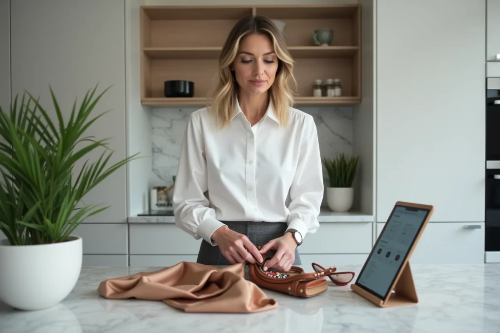 Femme organisant des accessoires de luxe d'occasion pour les mettre en vente sur Vestiaire Collective, conseils pratiques sans facture