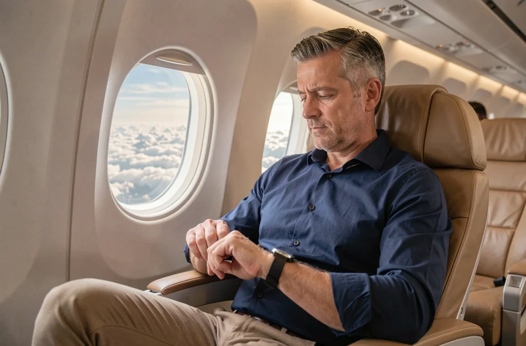 Passager en classe affaires dans un avion long-courrier regardant sa montre pendant un vol Paris Bangkok