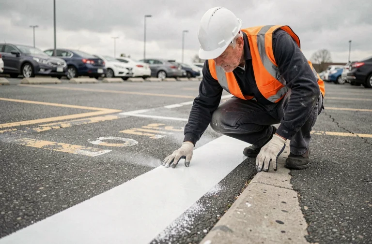 Peintre professionnel inspectant un marquage au sol blanc fraîchement tracé dans un parking extérieur