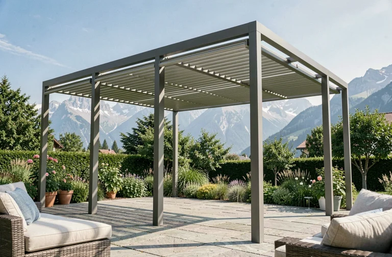 Pergola bioclimatique moderne avec lames orientables en aluminium installée sur une terrasse résidentielle en Suisse avec vue sur les montagnes
