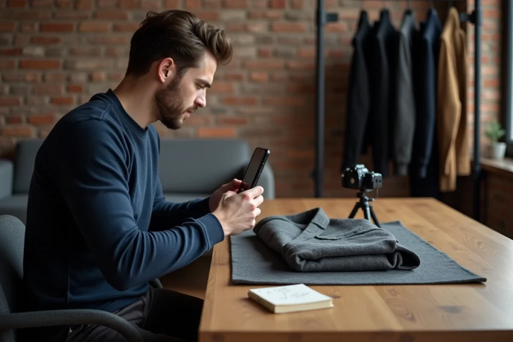 Homme photographiant un vêtement de luxe pour une annonce de revente sur Vestiaire Collective sans facture d'achat