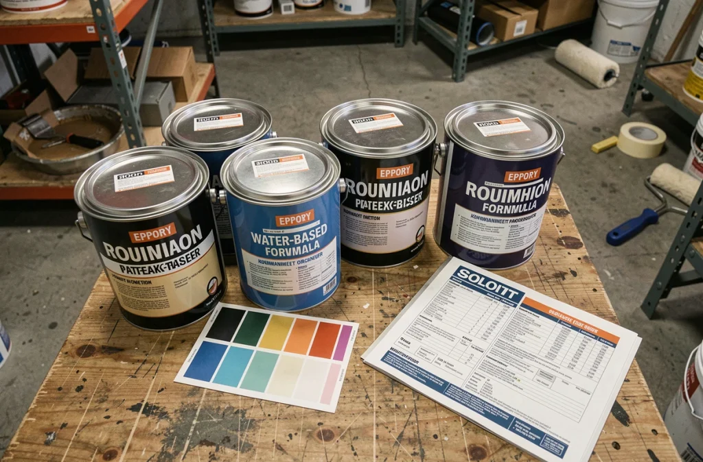 Assortiment de pots de peinture pour marquage au sol parking avec fiches techniques sur établi d'entrepôt