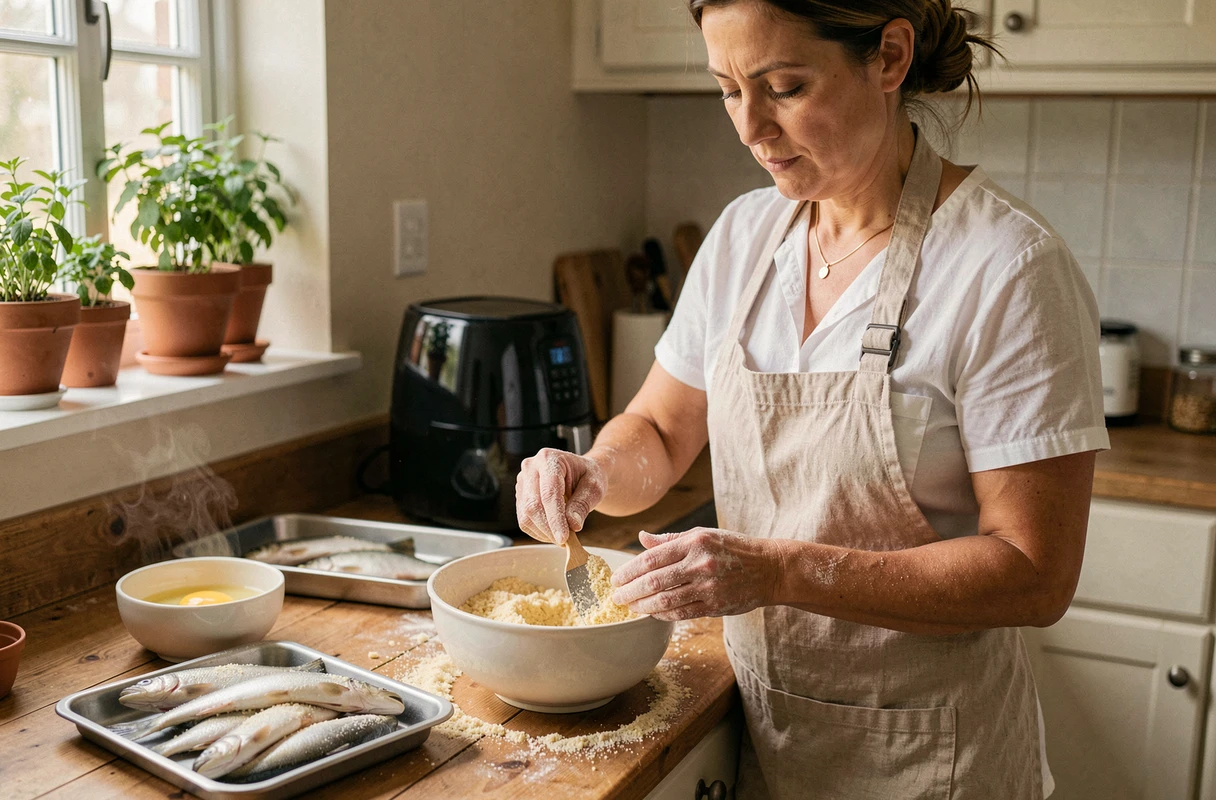 Femme préparant des éperlans panés dans sa cuisine maison avant cuisson à l'air fryer