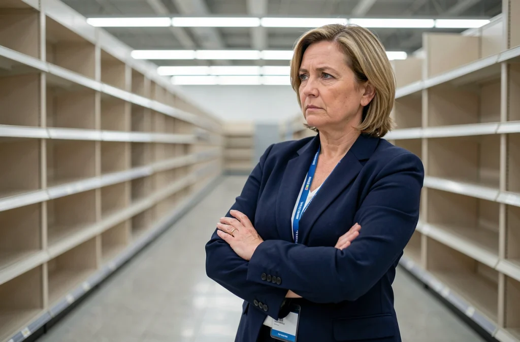 Responsable de magasin debout dans un rayon vide d'un hypermarché en liquidation, expression pensive et bras croisés