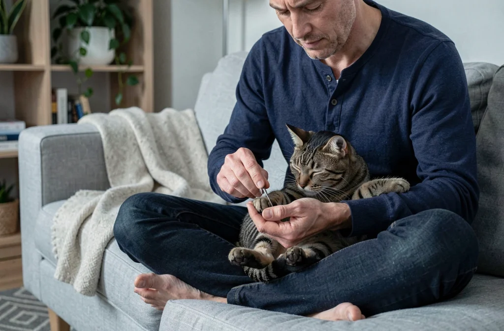 Homme qui coupe les griffes de son chat tabby sur un canapé gris, soin et entretien des ongles d'un chat à la maison