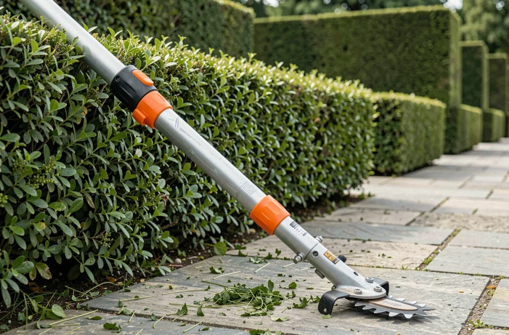 Taille-haie télescopique posé contre une haie de buis taillée dans un jardin à la française
