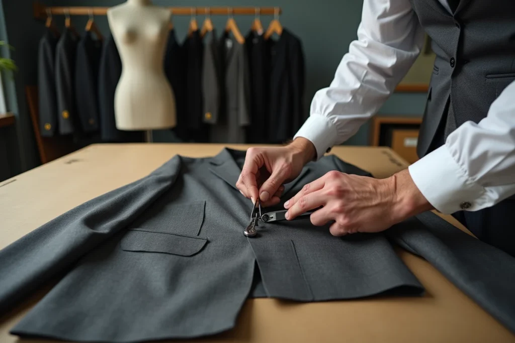 Mains de tailleur ouvrant une boutonnière sur veste de costume gris anthracite dans un atelier professionnel