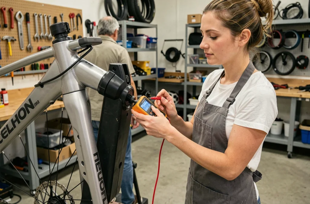 Technicienne réparant la batterie d'un vélo électrique Decathlon avec un multimètre dans un atelier de réparation vélo