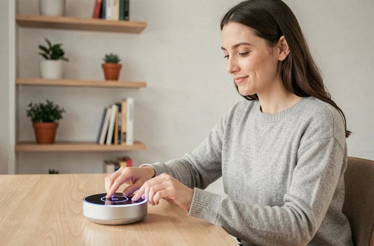 Femme utilisant un hub domotique intelligent dans un bureau moderne au style scandinave