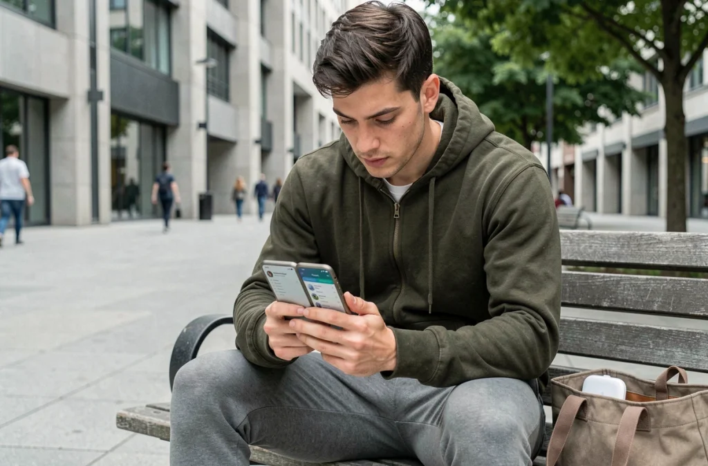 Jeune homme utilisant un smartphone pliable dans un espace urbain moderne, entouré de technologies portables
