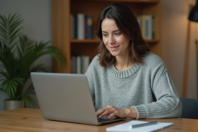 Femme effectuant un transfert d'argent Western Union en ligne depuis son ordinateur portable à son bureau