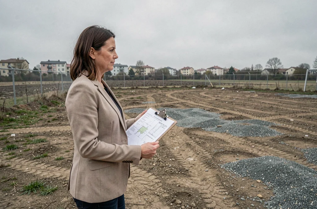 Urbaniste sur un terrain constructible vierge consultant des documents réglementaires pour anticiper les obligations d'archéologie préventive avant construction