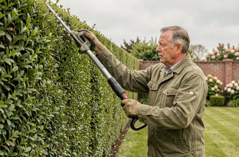 Homme utilisant un taille-haie télescopique pour tailler une haie haute dans un jardin suburban