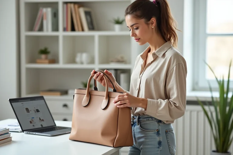 Femme examinant un sac à main de créateur d'occasion avant de le vendre sur une plateforme de revente comme Vestiaire Collective