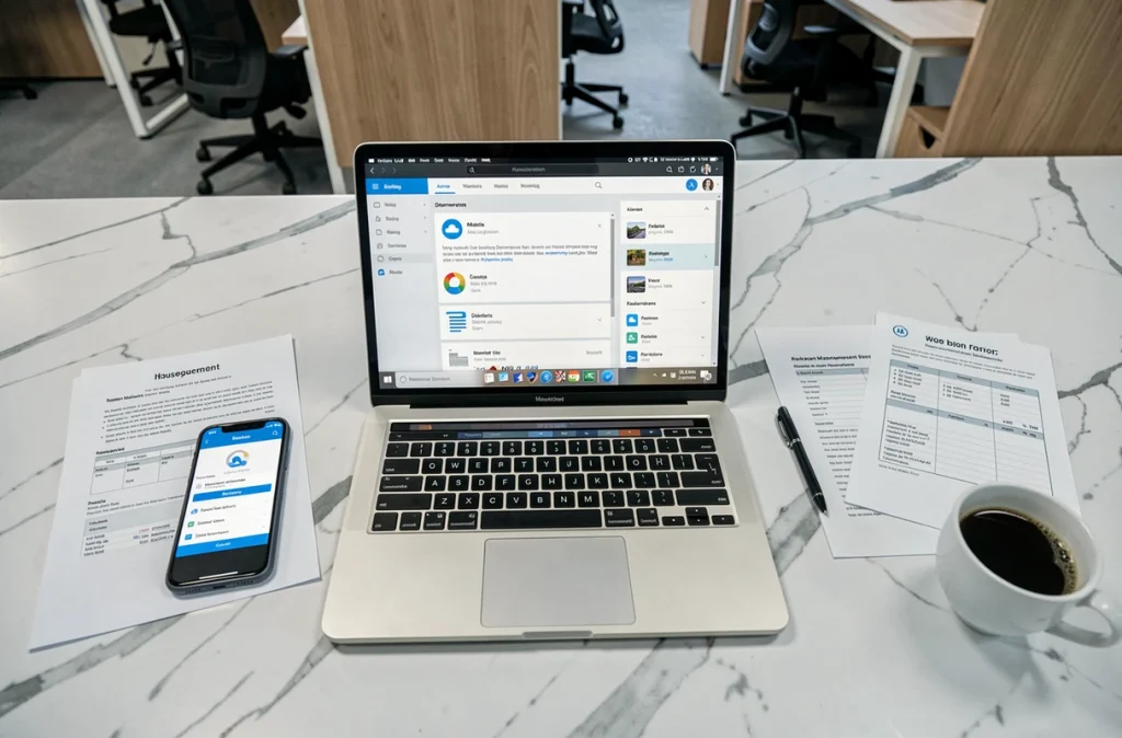 Vue aérienne d'un bureau avec ordinateur portable, smartphone et documents papier illustrant la dématérialisation administrative