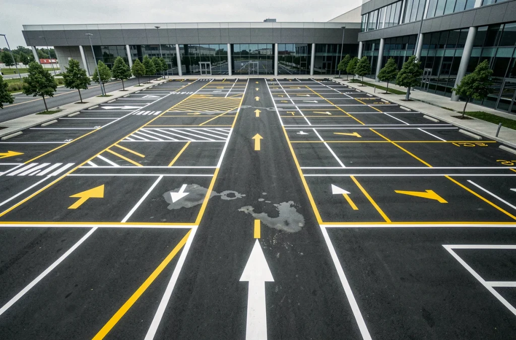 Vue aérienne d'un parking extérieur avec marquage au sol neuf en peinture blanche et jaune sur asphalte sombre