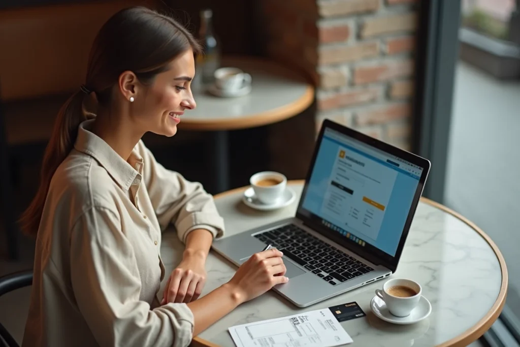 Jeune femme dans un café envoyant de l'argent en ligne avec Western Union sur son ordinateur portable avec carte bancaire