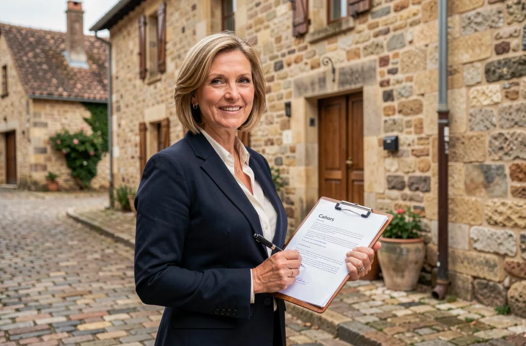 Agente immobilière devant une maison en pierre rénovée à Cahors dans le Lot, symbolisant les opportunités d'investissement immobilier local