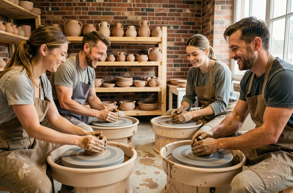 Groupe d'amis adultes participant à un atelier de poterie ensemble dans un studio de céramique artisanal