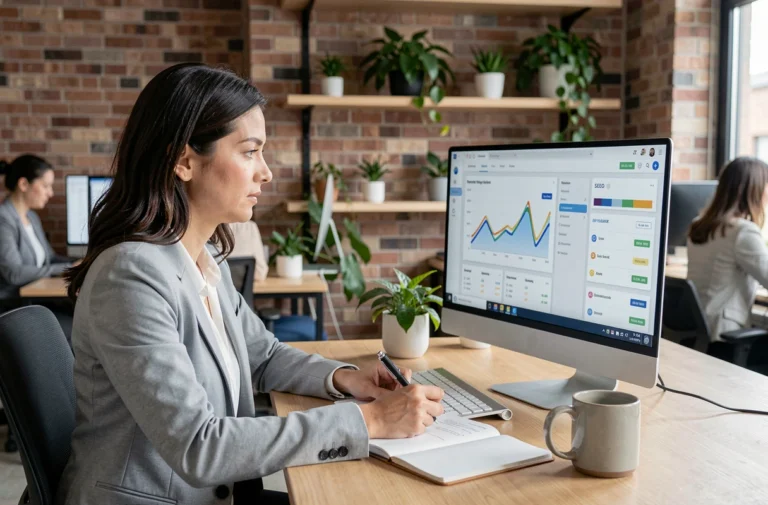 Une professionnelle du marketing digital analyse des données SEO et des classements de mots-clés sur un grand écran dans un bureau moderne