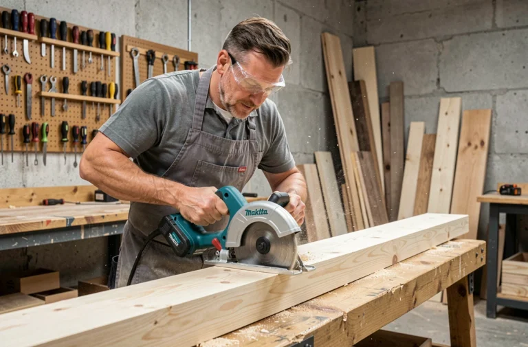 Artisan utilisant une scie circulaire Makita sans fil pour couper une planche de bois dans un atelier de menuiserie professionnel