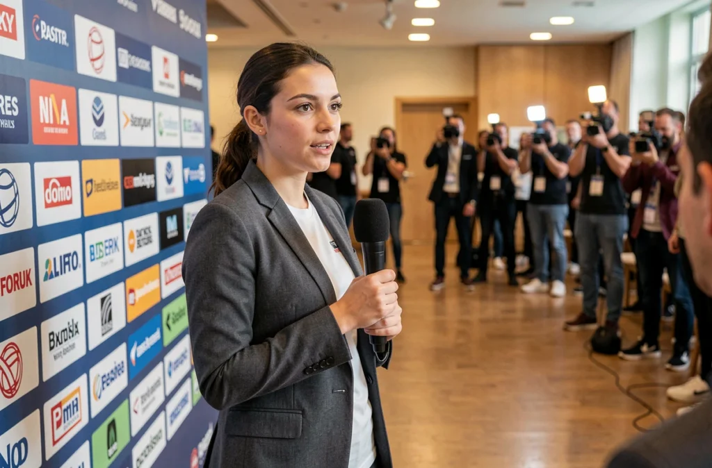 Athlète française lors d'une conférence de presse sportive, portrait d'une femme qui s'affirme dans le monde du sport