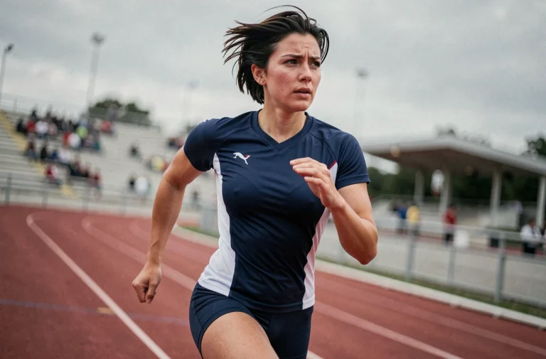 Athlète française en pleine course sur une piste d'athlétisme, portrait dynamique d'une sportive déterminée