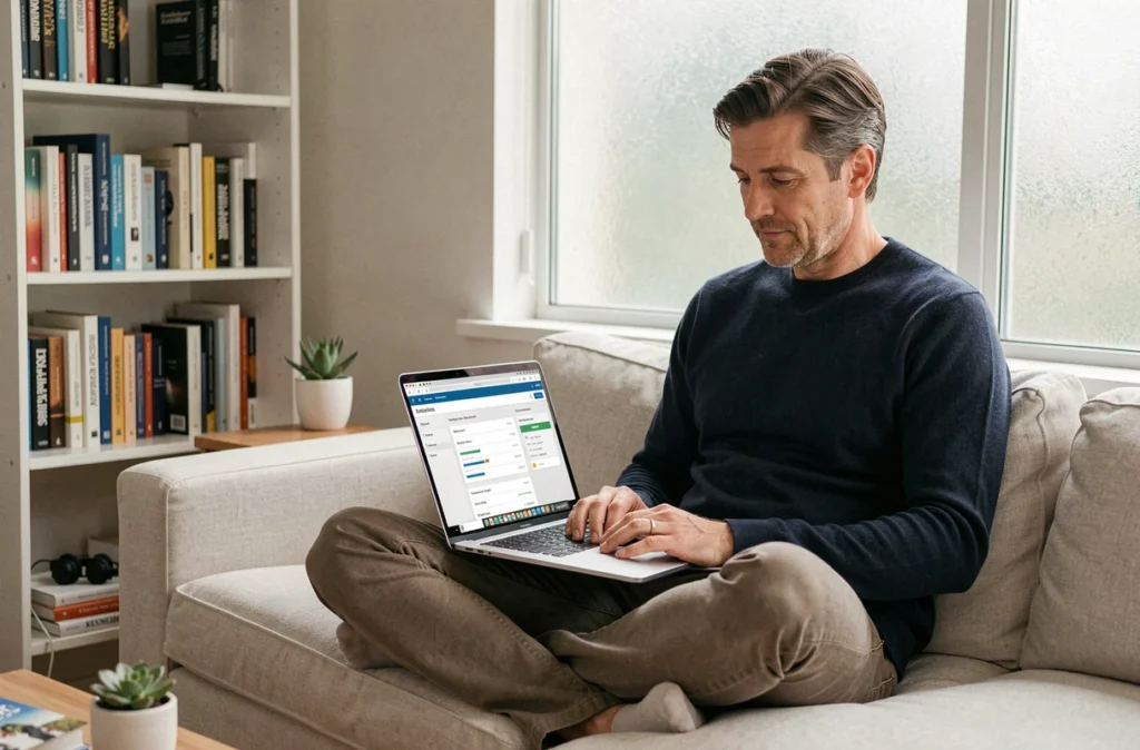 Un homme travaillant depuis chez lui effectue un audit technique SEO sur son ordinateur portable dans un bureau à domicile minimaliste