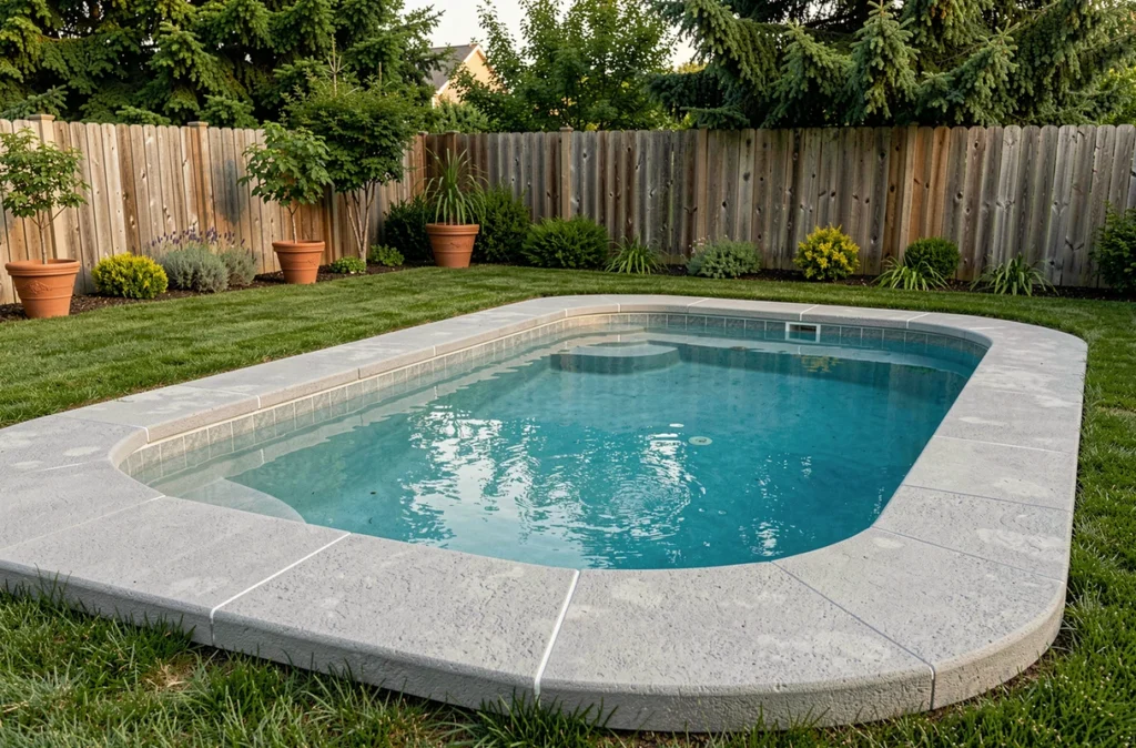 Ceinture béton terminée autour d'une piscine coque installée dans un jardin résidentiel