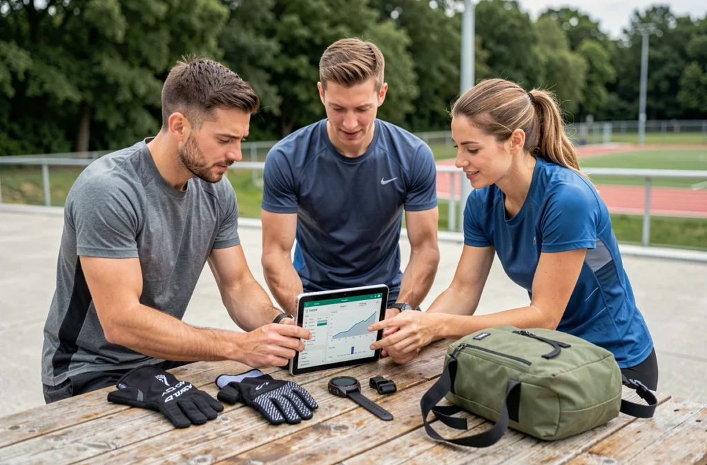 Groupe de sportifs comparant des équipements techniques et des données de performance en extérieur