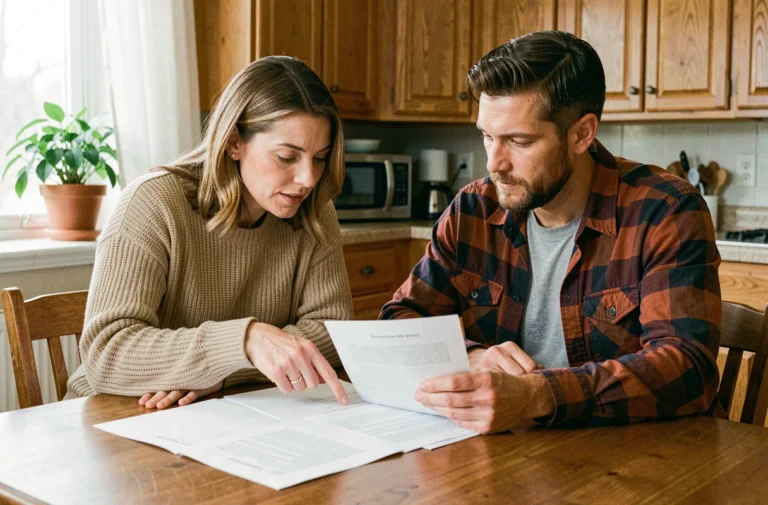 Couple examinant des documents d'assurance ensemble à la table de cuisine pour protéger leur famille