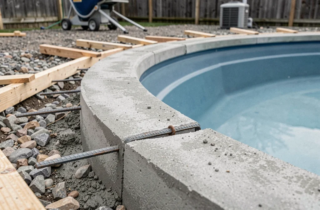 Détail de la ceinture béton avec ferraillage autour d'une piscine coque en cours de construction