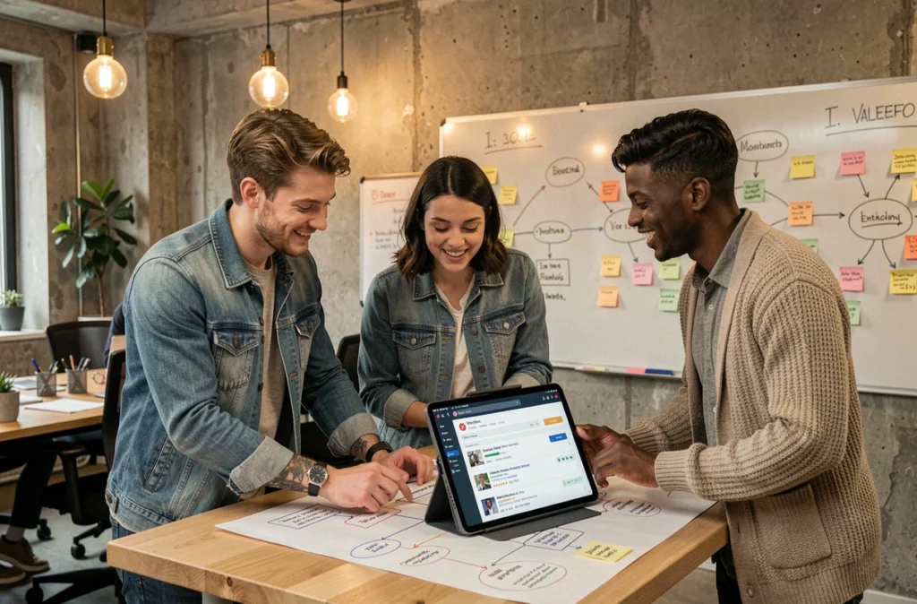 Une équipe de jeunes professionnels collabore autour d'une stratégie SEO sur une feuille de route imprimée dans un espace de coworking dynamique