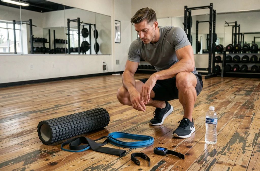 Sportif évaluant différents équipements de fitness sur le sol d'une salle de sport