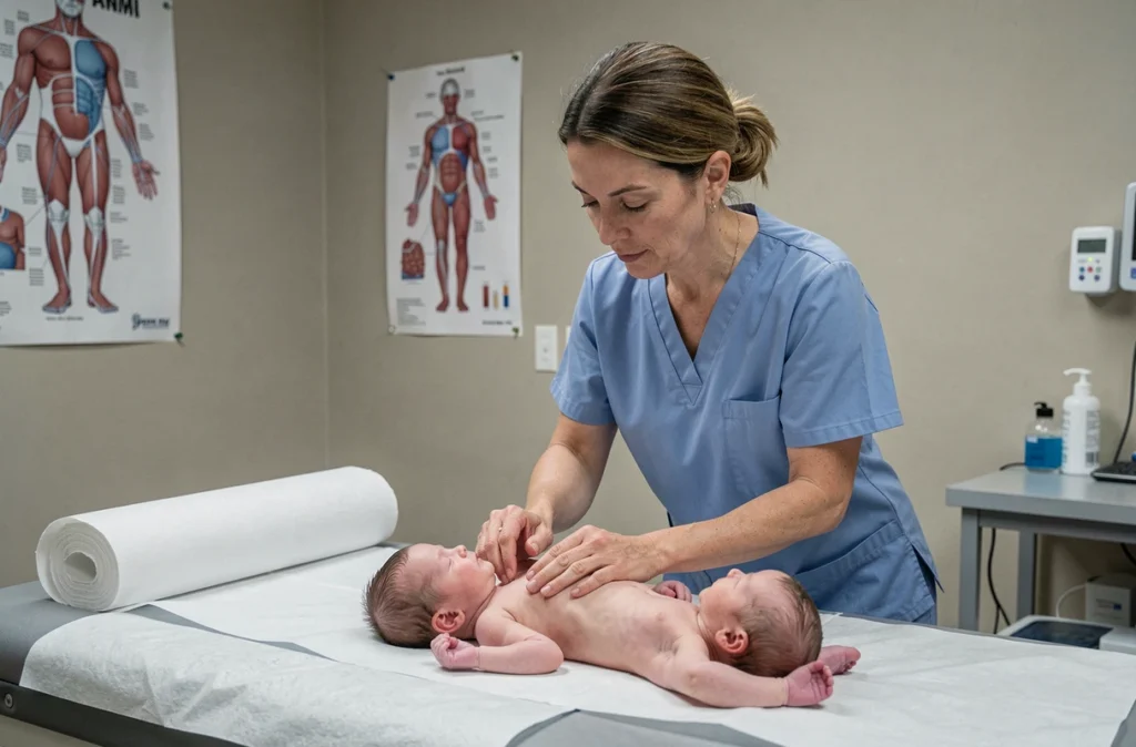 Infirmière pédiatrique réalisant un examen de développement sur un nourrisson dans un cabinet médical moderne