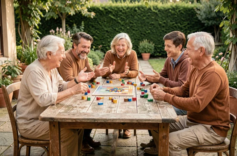 Famille multigénérationnelle jouant à un jeu de société en plein air dans un jardin, autour d'une grande table en bois