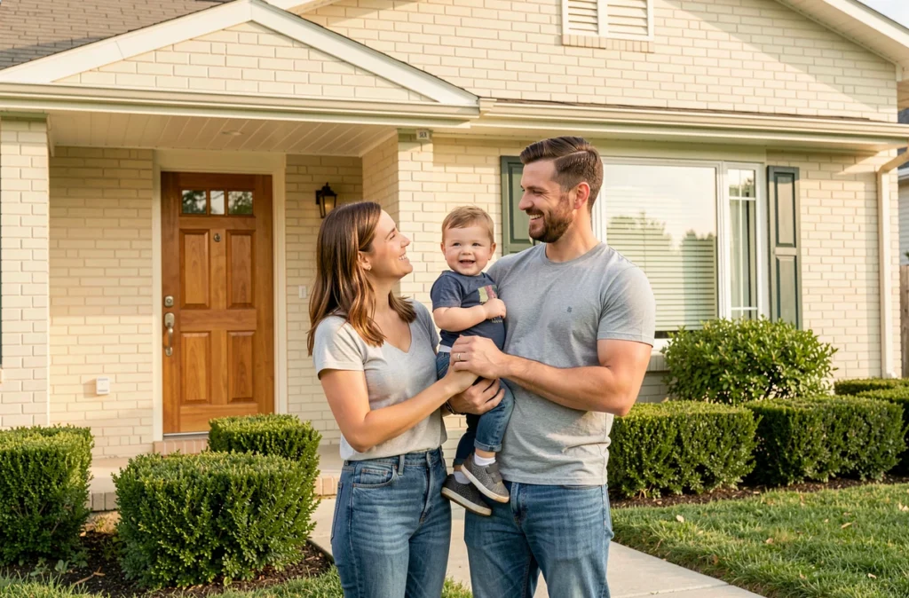 Jeune famille devant leur maison illustrant l'importance de protéger ses biens avec une assurance