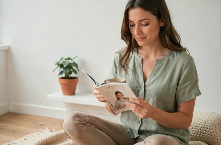 Femme lisant un magazine bien-être dans un salon minimaliste avec une tasse de tisane, illustrant les tendances santé et conseils bien-être