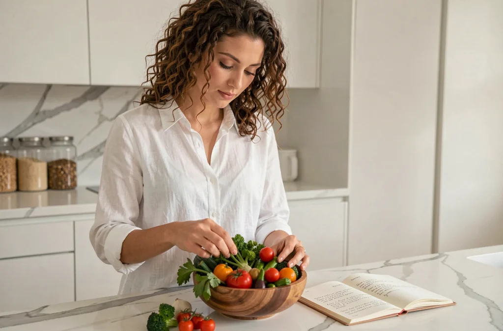 Femme préparant un repas sain avec des légumes frais dans une cuisine moderne, illustrant les tendances nutrition et bien-être santé