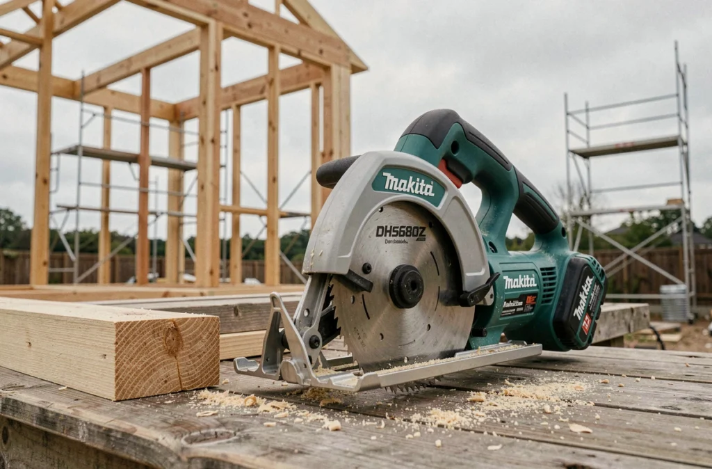 Gros plan sur une scie circulaire Makita DHS680Z posée sur un chantier de construction avec des planches de bois coupées