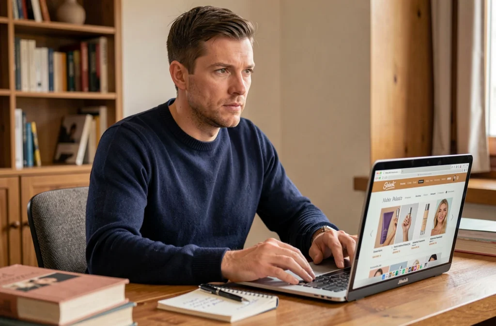 Homme évaluant la fiabilité d'un site de cosmétiques en ligne depuis son bureau à domicile avec un ordinateur portable