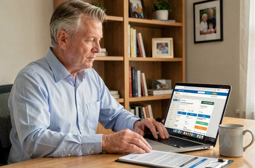Homme comparant des offres d'assurance sur ordinateur portable dans un bureau à domicile