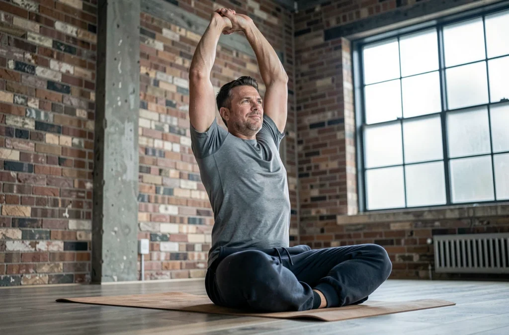 Homme faisant des étirements sur un tapis de yoga dans un studio de fitness, représentant les conseils santé et activité physique bien-être
