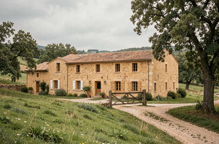 Maison en pierre traditionnelle du Lot entourée de collines verdoyantes, idéale pour un investissement immobilier en région rurale