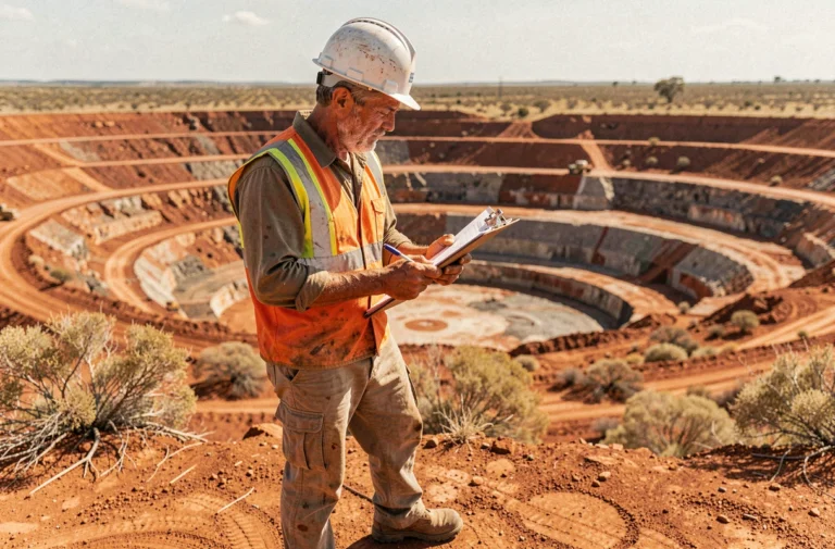 Mineur australien en tenue de sécurité examinant des documents devant une mine à ciel ouvert dans l'outback australien