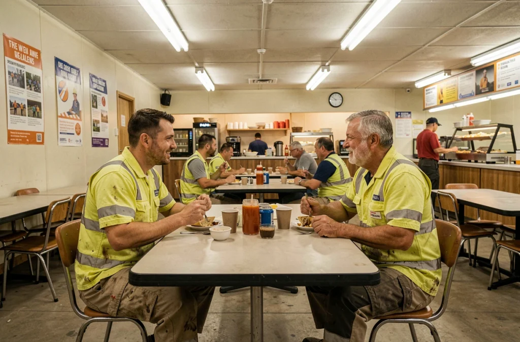 Deux mineurs australiens prenant leur petit-déjeuner ensemble dans le réfectoire d'un camp minier isolé en Australie-Occidentale