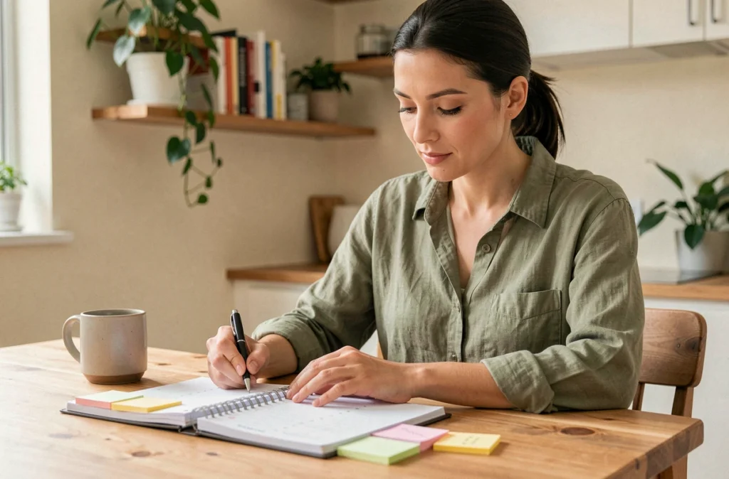 Femme organisée planifiant sa semaine avec un agenda et des notes colorées dans une cuisine cosy