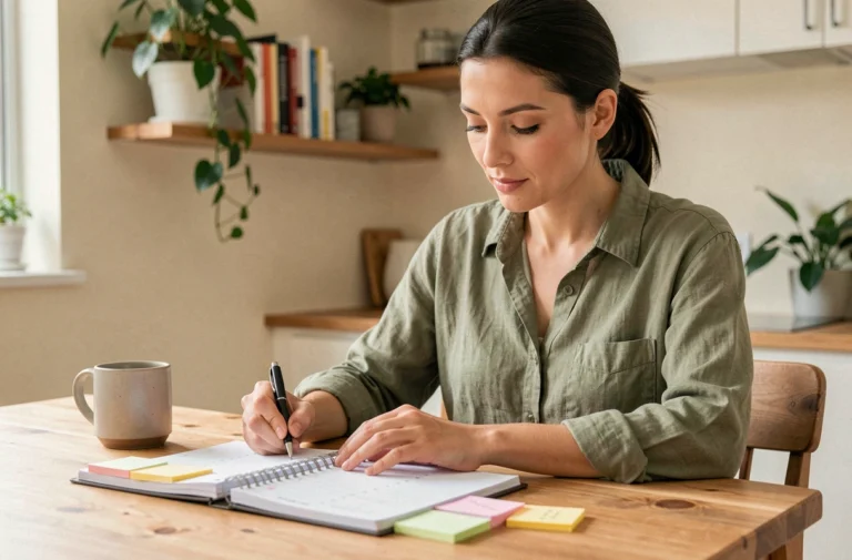 Femme organisée planifiant sa semaine avec un agenda et des notes colorées dans une cuisine cosy